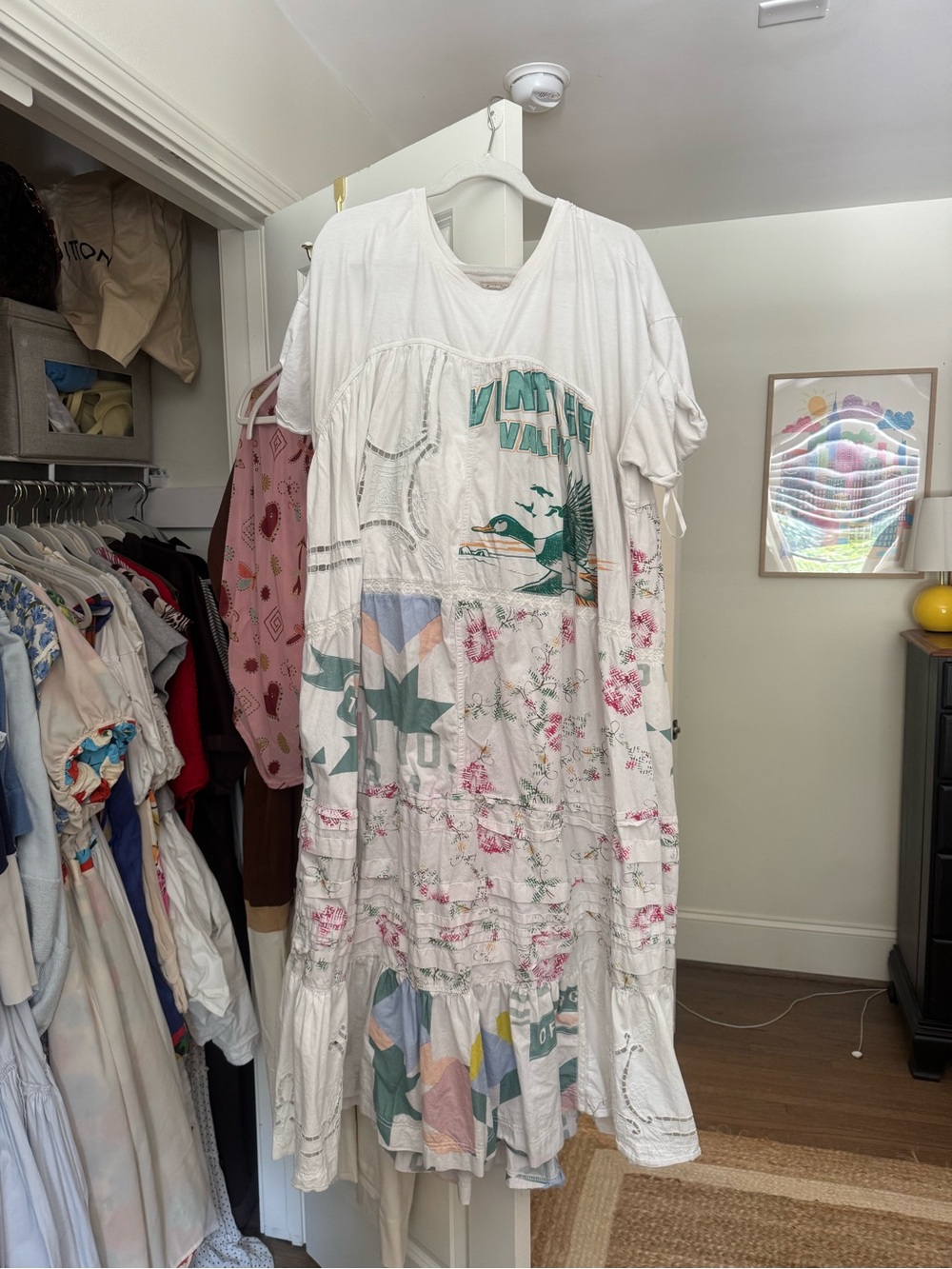 Pilcro White Maxi Dress with Pink Floral & Teal Graphic